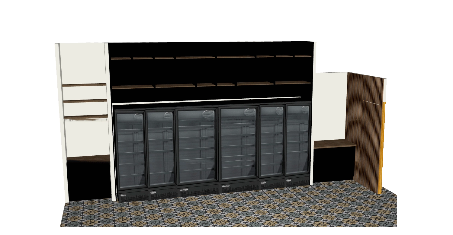Modélisation 3D d’un meuble d’épicerie avec vitrines réfrigérées