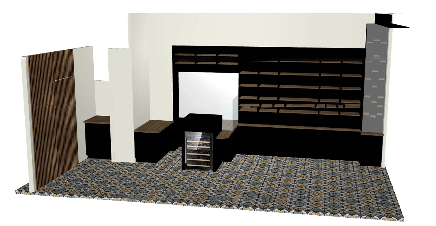 Vue 3D d’un agencement d’épicerie avec étagères de présentation