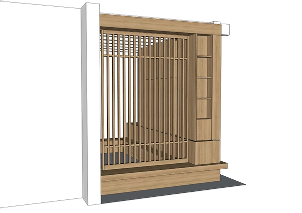 Agencement intérieur en bois sur mesure Modélisation 3D d’un agencement intérieur en bois avec claustra