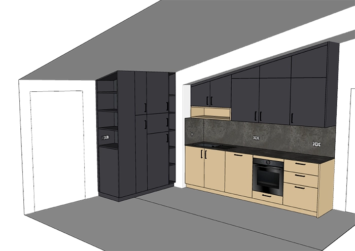 Modélisation 3D cuisine sur mesure Modélisation 3D d’une cuisine sur mesure bois et noir