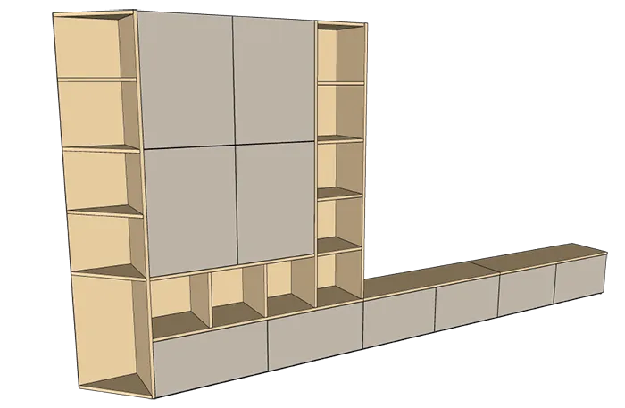 Modélisation 3D meuble de rangement et banquette Modélisation 3D d’un meuble de rangement avec banquette sur mesure