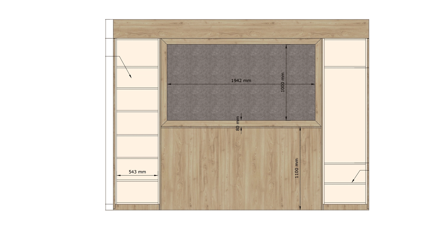 Plan technique et dimensions d’un lit mezzanine avec rangements intégrés dans un projet d’agencement de chambre