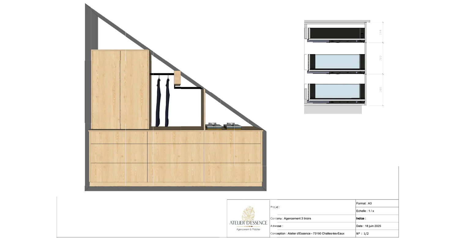 plan d’aménagement d’un dressing sous pente sur mesure