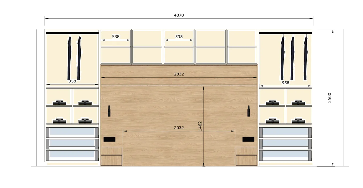 Plan coté d’un pont de lit sur mesure avec dressing et rangements